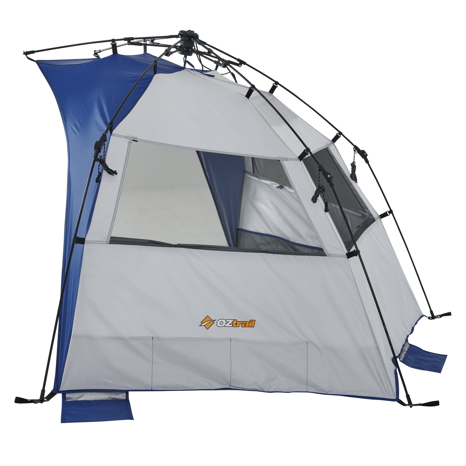 Camping tent with blue and gray sides on a white background