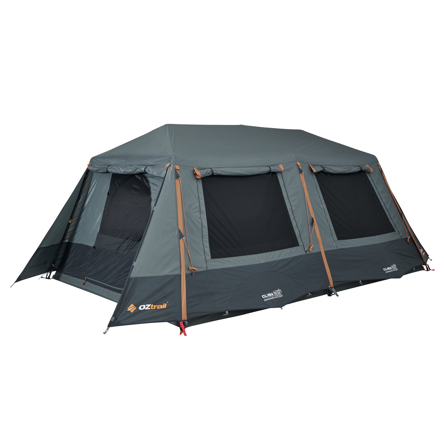 Gray camping tent with brown accents on a white background