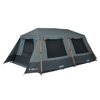Gray camping tent with brown accents on a white background