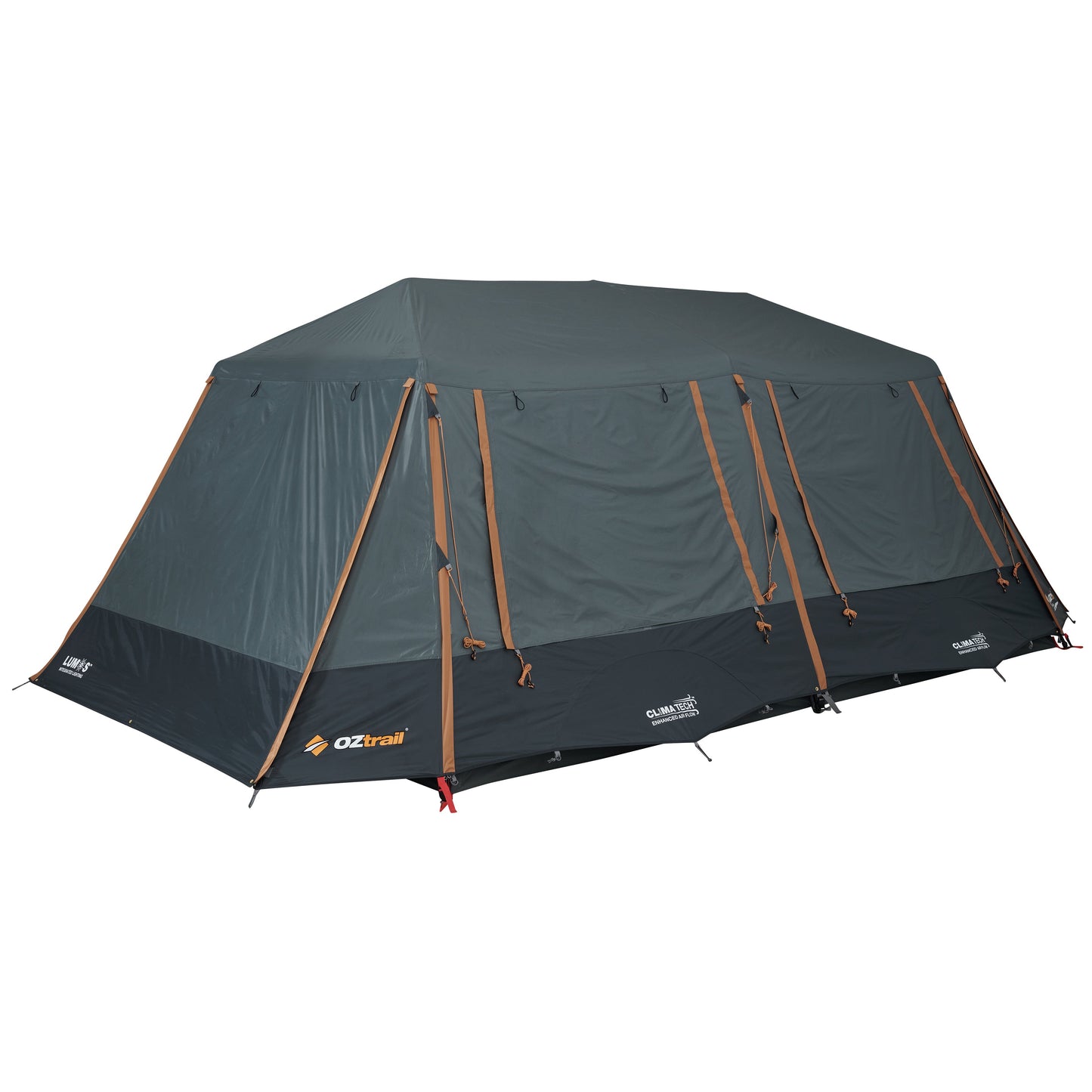 Green camping tent with brown poles on a white background