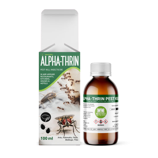 Alpha-Thrin pest control packaging and bottle on a white background