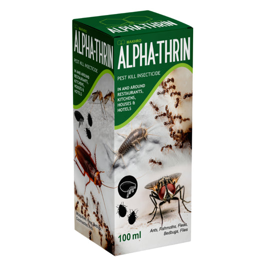 Alpha-Thrin pest kill insecticide packaging with images of pests on a white background