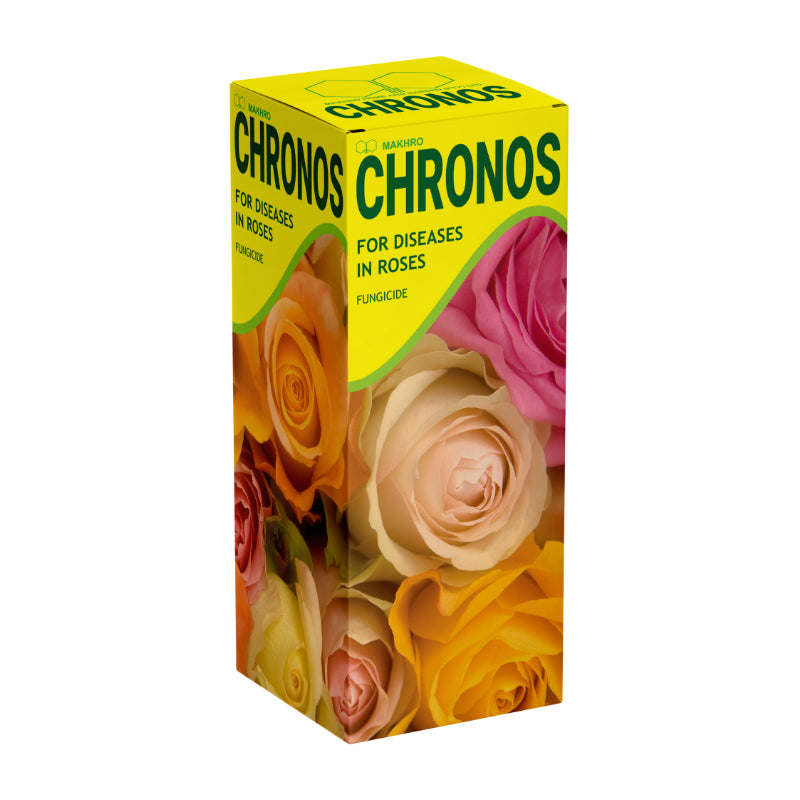 A bottle of Makhro Chronos 45 SC fungicide with a yellow label, featuring images of roses and product information.