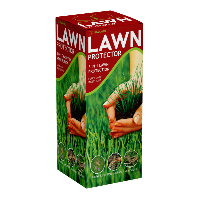 Box of Lawn Protector with hands holding grass on a white background