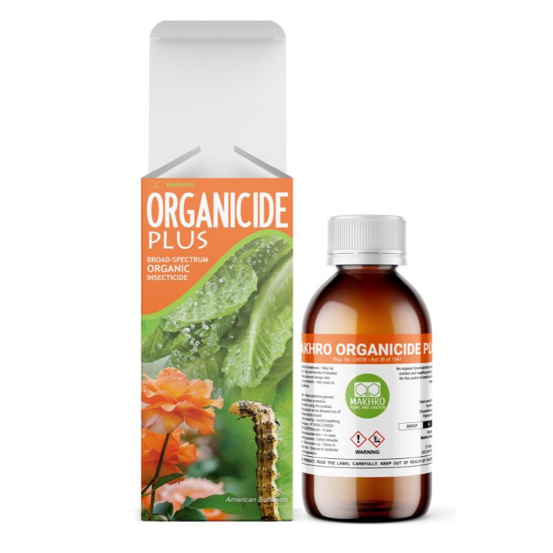 Organic pesticide bottle and packaging with green leaves and flowers on a white background
