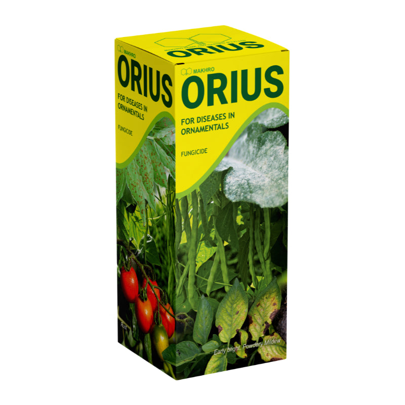 Orius fungicide packaging with images of plants and tomatoes on a white background