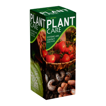 Box of Plant Care Systemic Contact Insecticide with images of tomatoes and pests on a white background