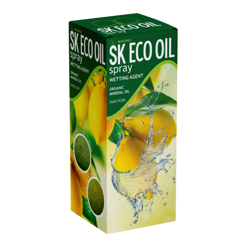 SK Eco Oil spray packaging with lemons and water droplets on a white background