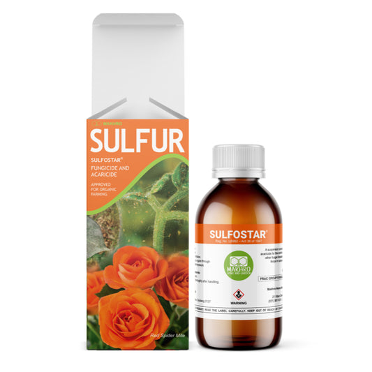 Sulfur-based fungicide and algicide packaging with a bottle on a white background