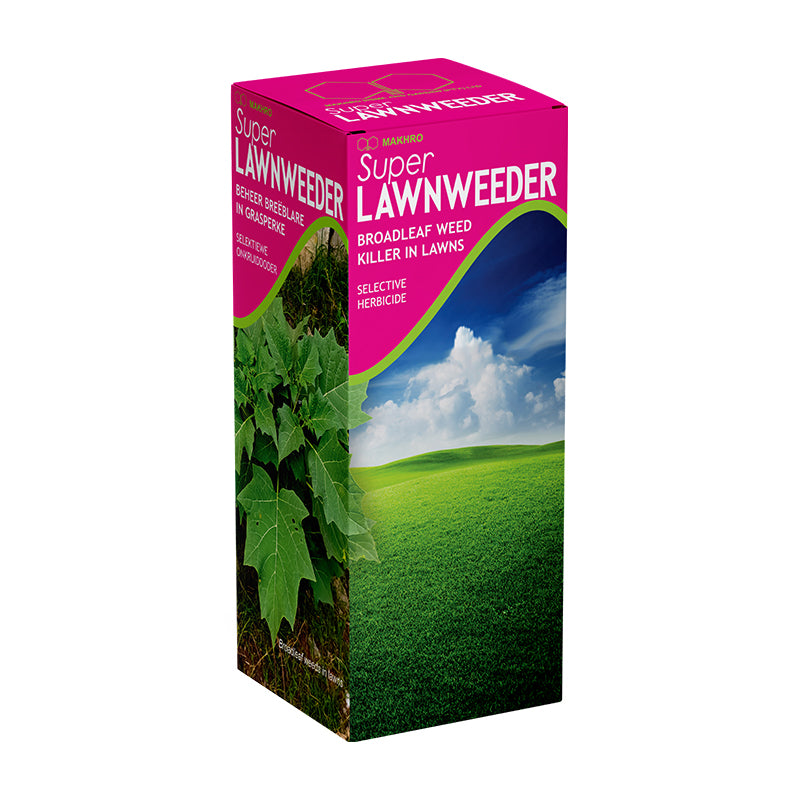 Super Lawnweeder box with green grass and blue sky on a white background