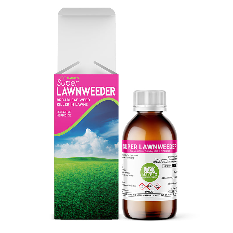 Super Lawnweeder packaging and bottle on a white background