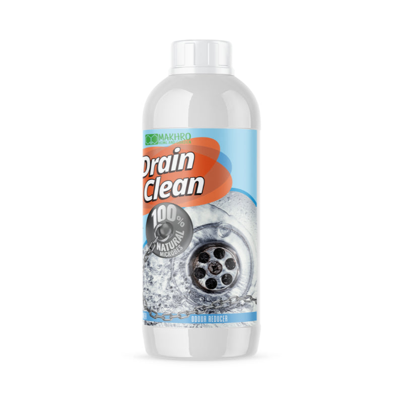 Bottle of 'Drain Clean' with a label showing a drain and text on a white background