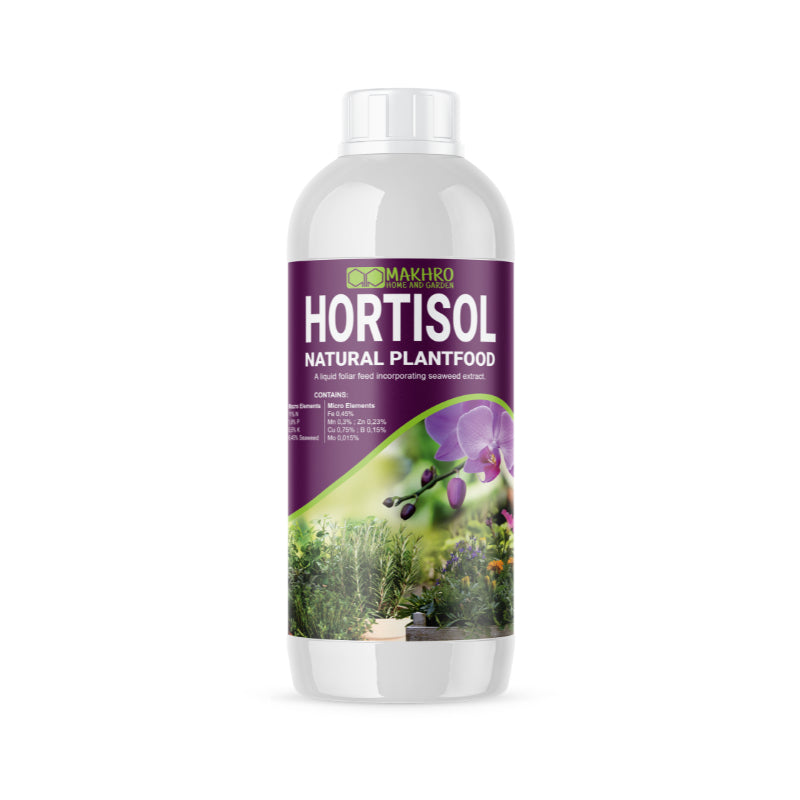 Bottle of Hortisol natural plant food on a white background
