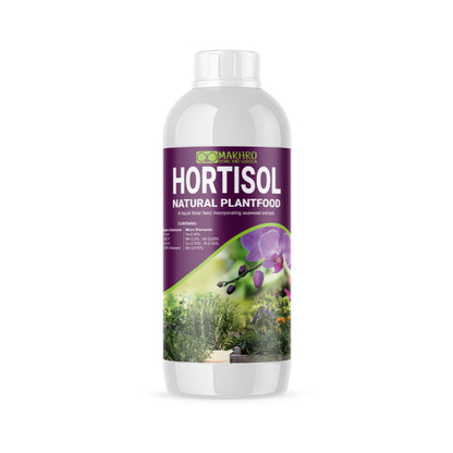 Bottle of Hortisol natural plant food on a white background