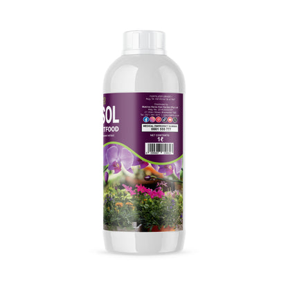 Bottle of Hortisol plant food with a purple label on a white background