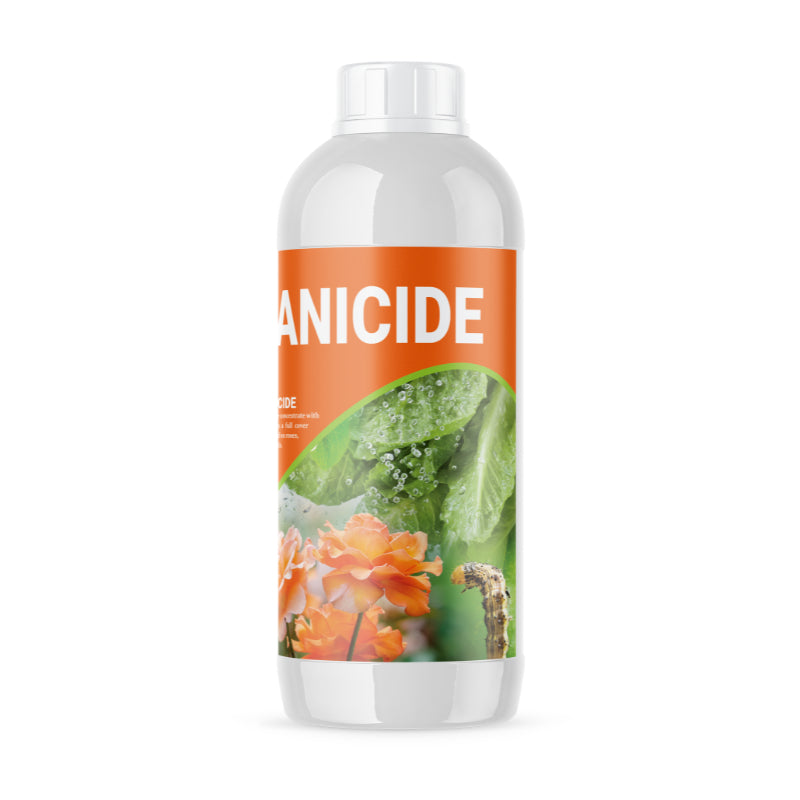 Bottle with a colorful label featuring plants and insects on a white background.