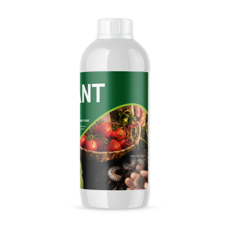 Bottle with a green label featuring images of fruits and vegetables on a white background