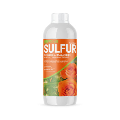 Bottle of Makhro Sulfostar fungicide with a white background