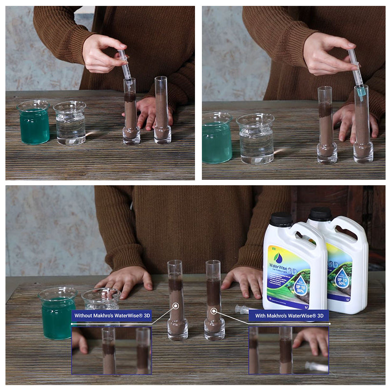 Collage of a person conducting a water test with various bottles and containers on a wooden table.