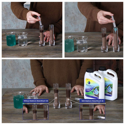 Collage of a person conducting a water test with various bottles and containers on a wooden table.
