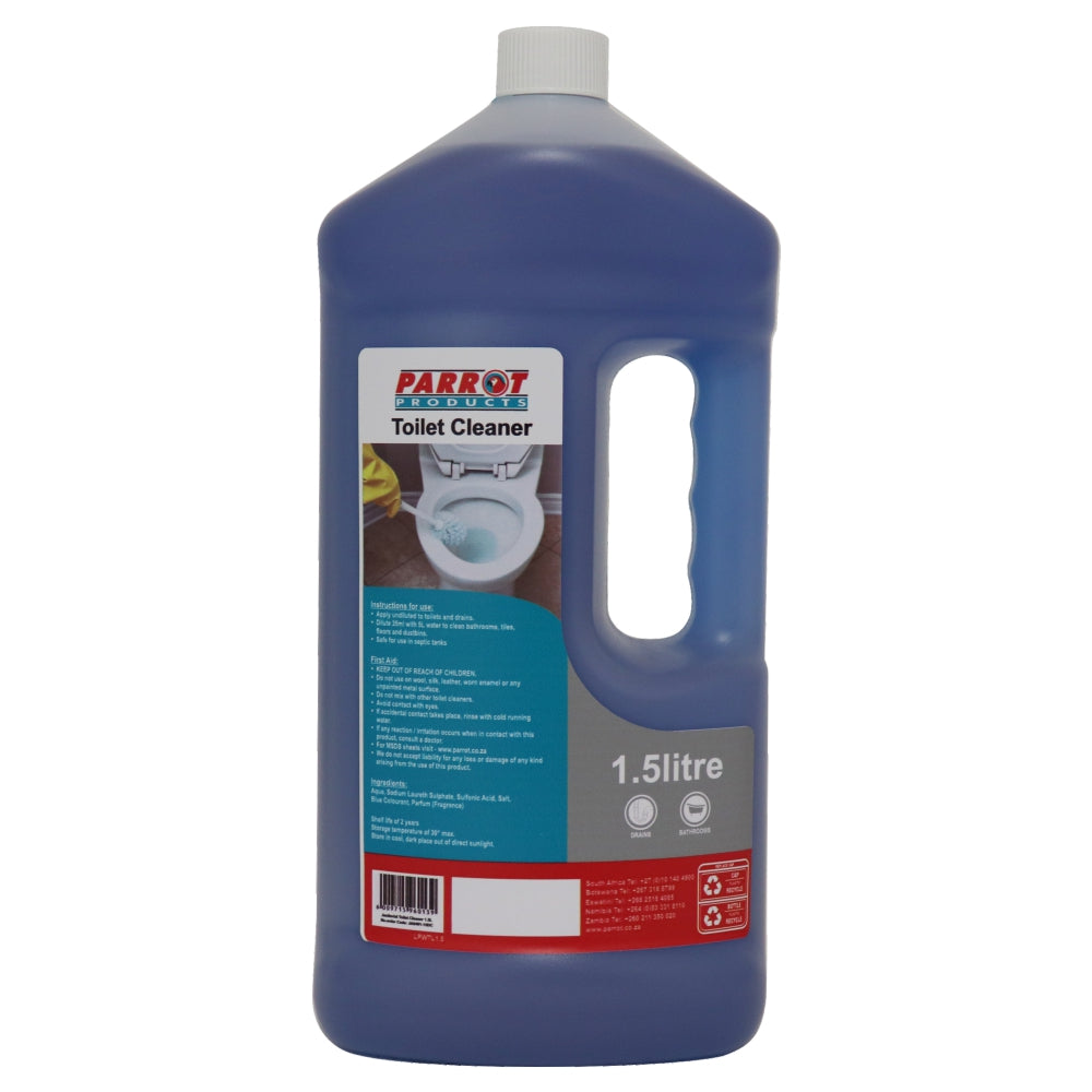 Blue bottle of Parrot Products Toilet Cleaner on a white background