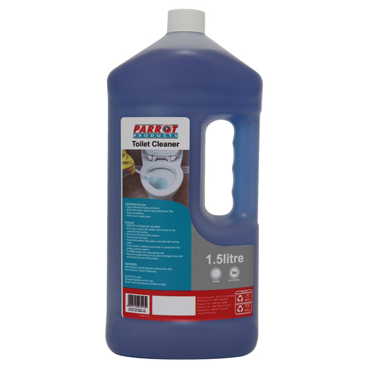 Blue bottle of Parrot Products Toilet Cleaner on a white background