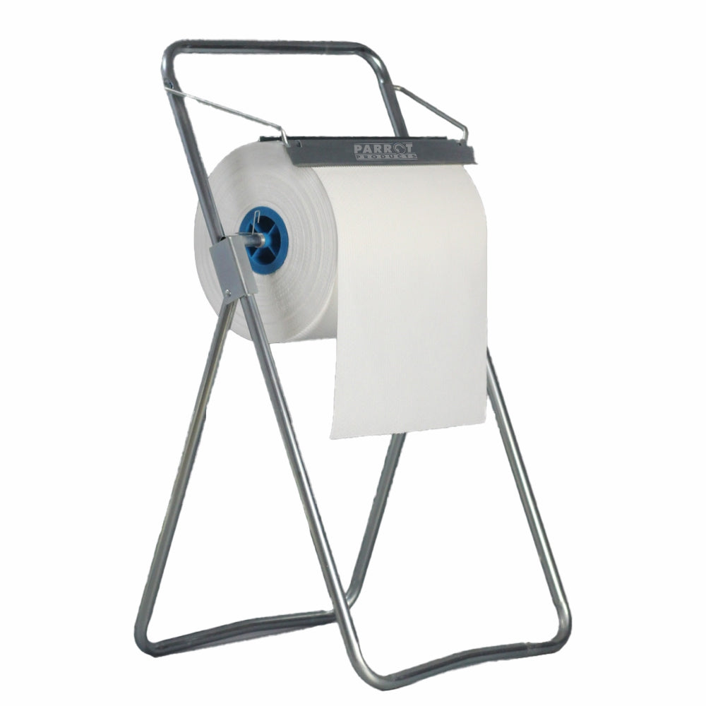 Metal paper towel holder with a roll of toilet paper on a white background