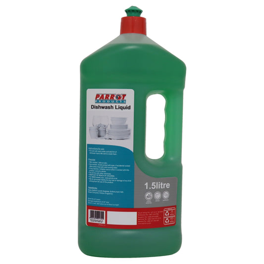 Green dishwash liquid bottle with a red cap on a white background