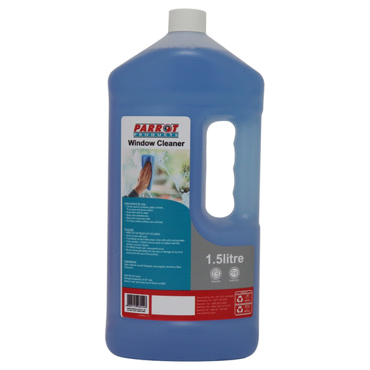Blue bottle of Parrot window cleaner on a white background