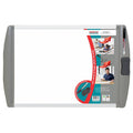 Parrot Slimline Aluminium Frame Non-Magnetic Whiteboard with a grey marker and eraser tray, and a display of the product with images and text.
