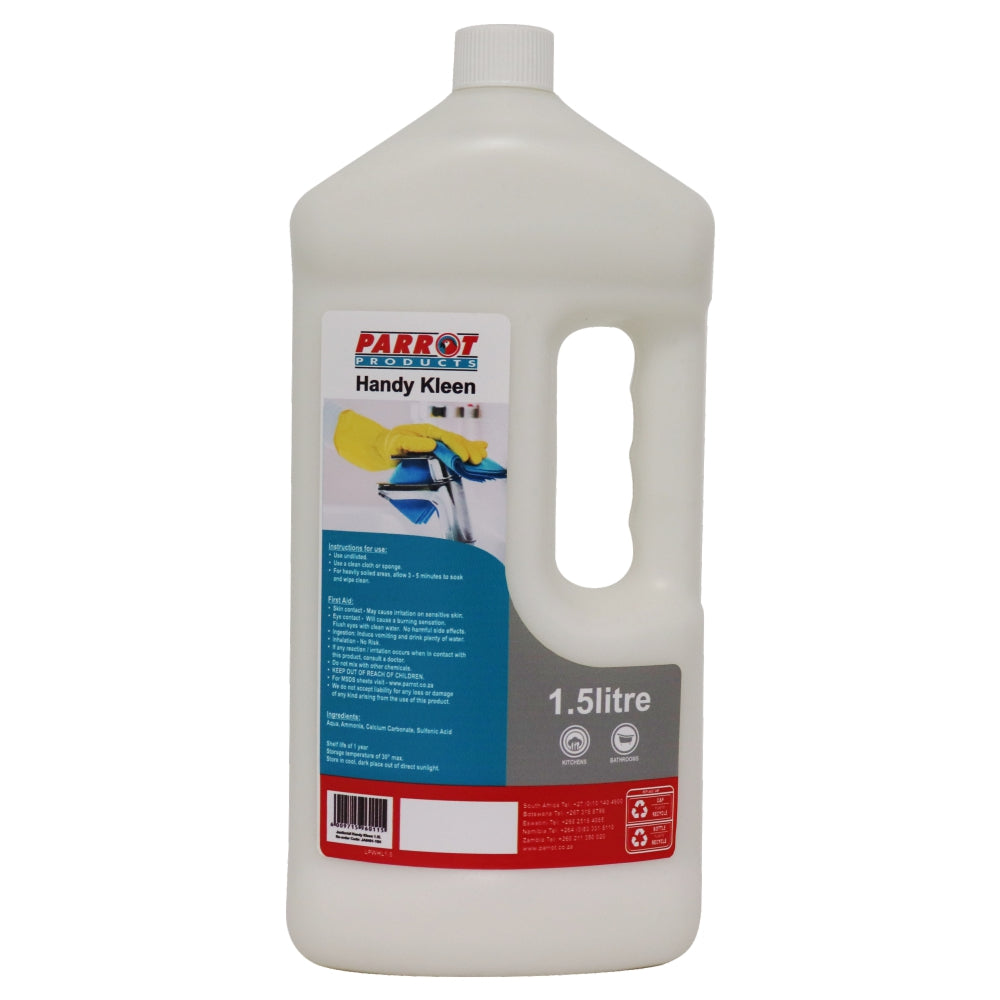 White bottle of Parrot Handy Kleen cleaner on a white background