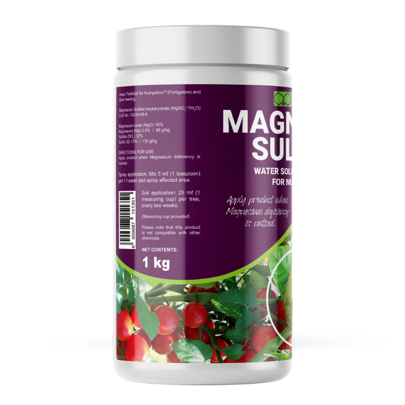 Magnesium sulfate container with a purple label and images of tomatoes on a white background
