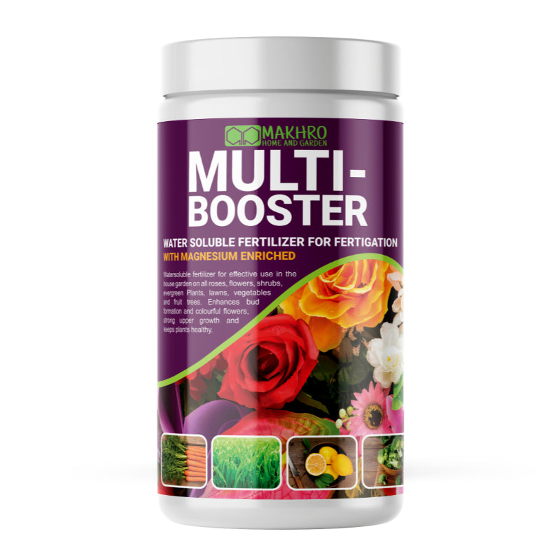 Makhro Multi-Booster fertilizer container with colorful floral design on a white background