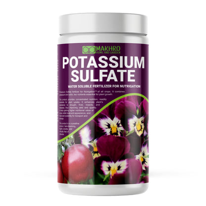 Container of potassium sulfate fertilizer with flowers on a white background