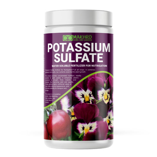Container of potassium sulfate fertilizer with flowers on a white background