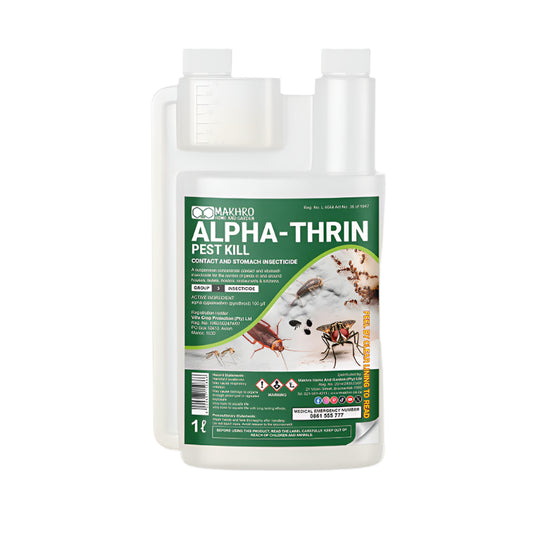 Alpha-Thrin pest kill container with green label on a white background