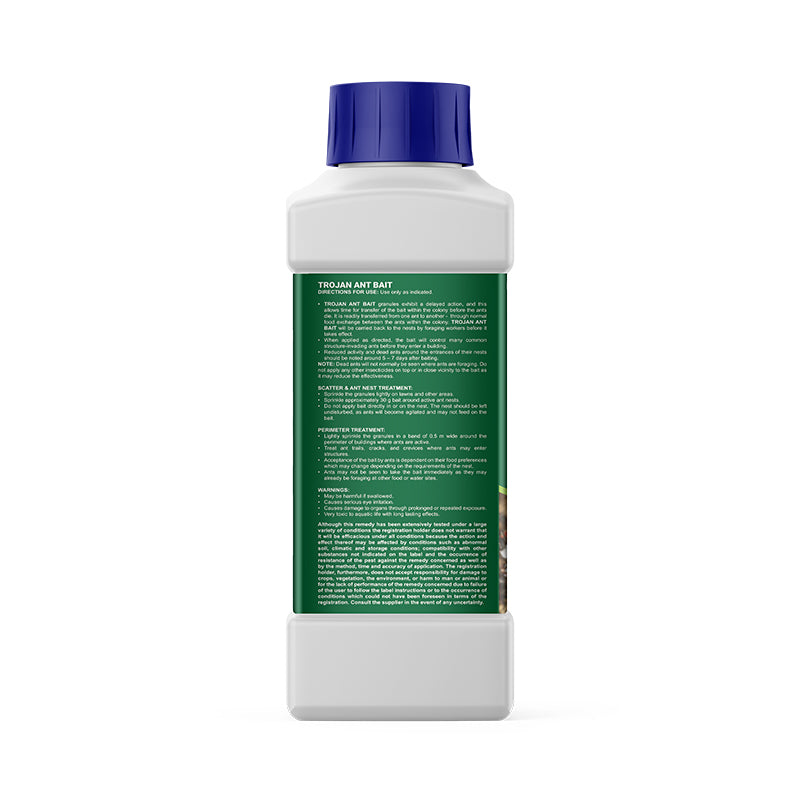 White pest control container with blue cap and green label on a white background