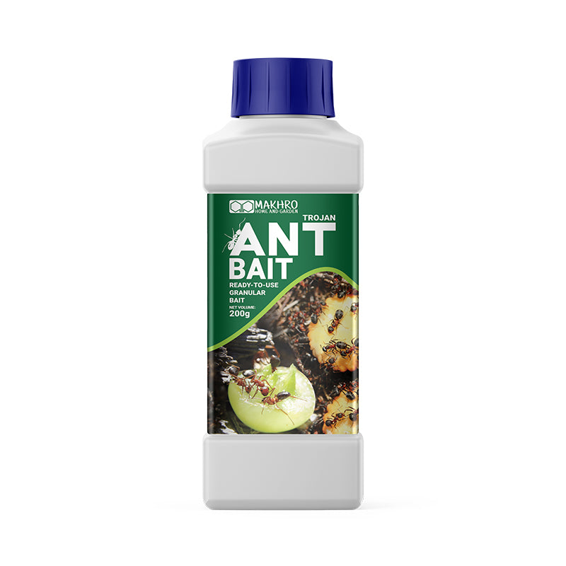 Ant bait container with blue cap and green label on a white background