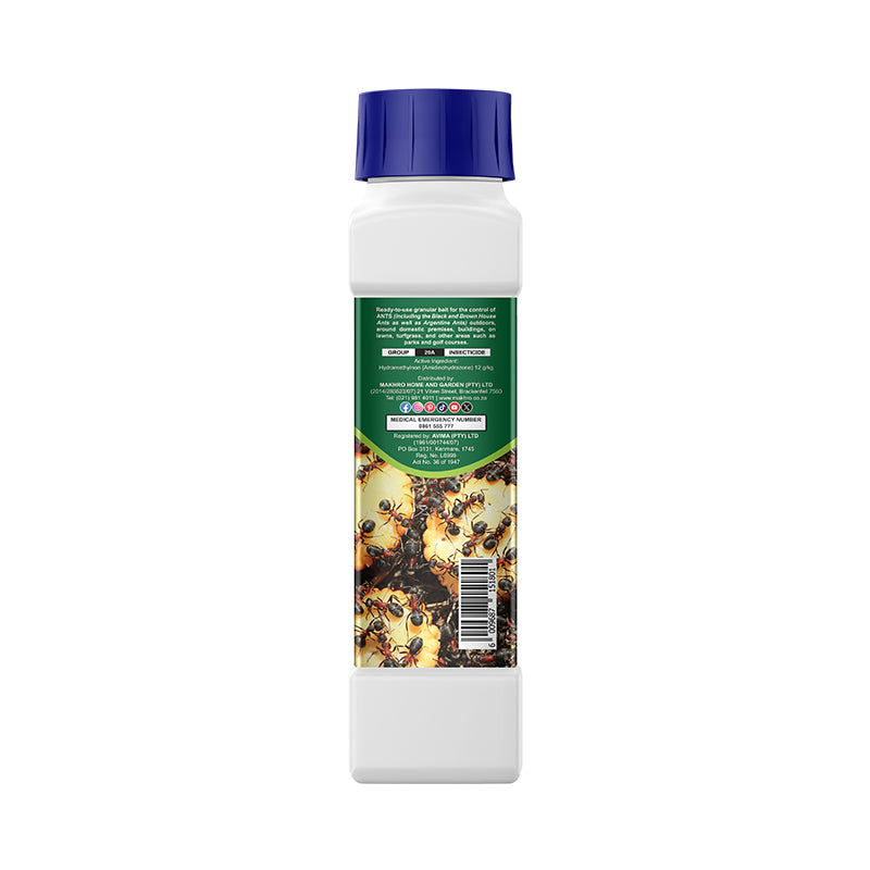 White container with blue lid and green label featuring images of ants on a white background