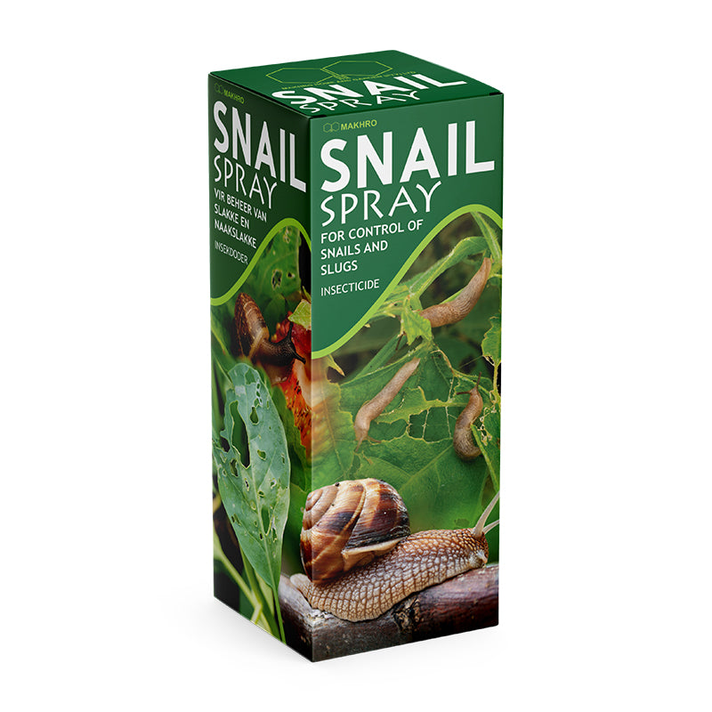 Box of snail spray with snail and leaf design on a white background