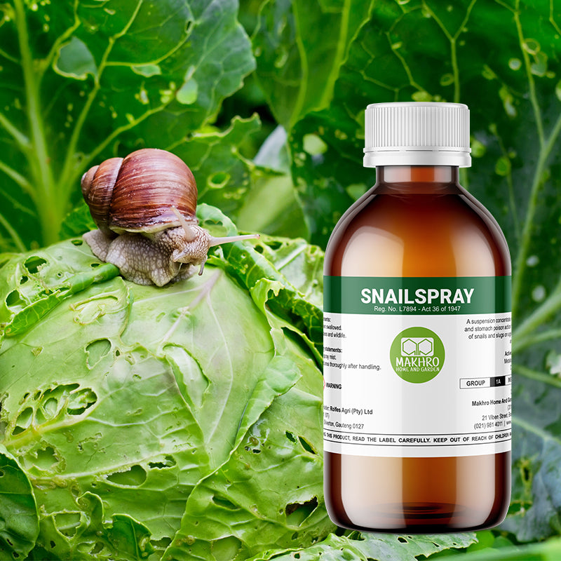 Bottle of snail spray with a snail on a leafy green vegetable