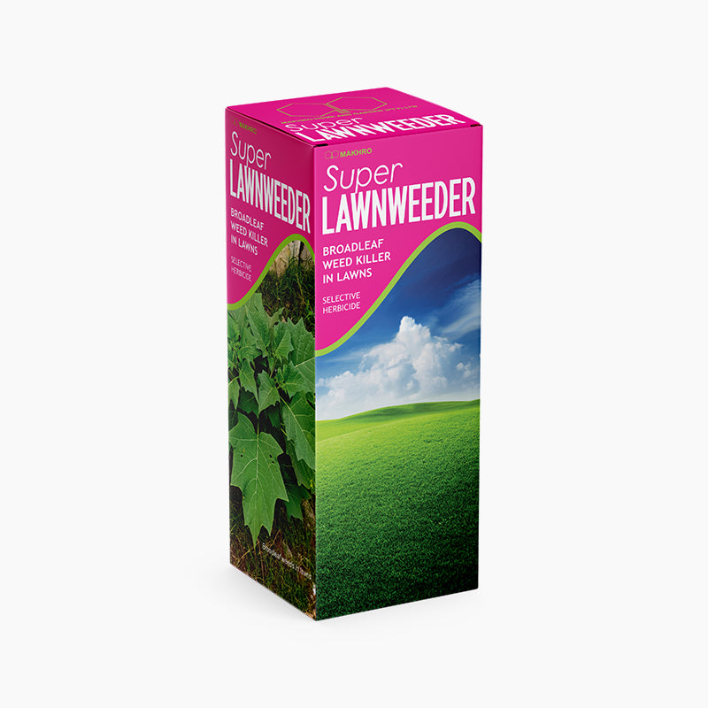 Super Lawnweeder packaging with pink top and green grass and sky design on a white background