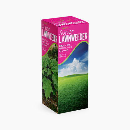 Super Lawnweeder packaging with pink top and green grass and sky design on a white background