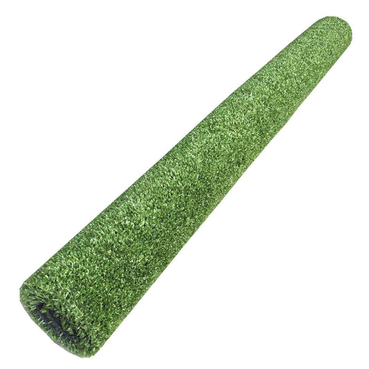 Roll of green artificial grass on a white background