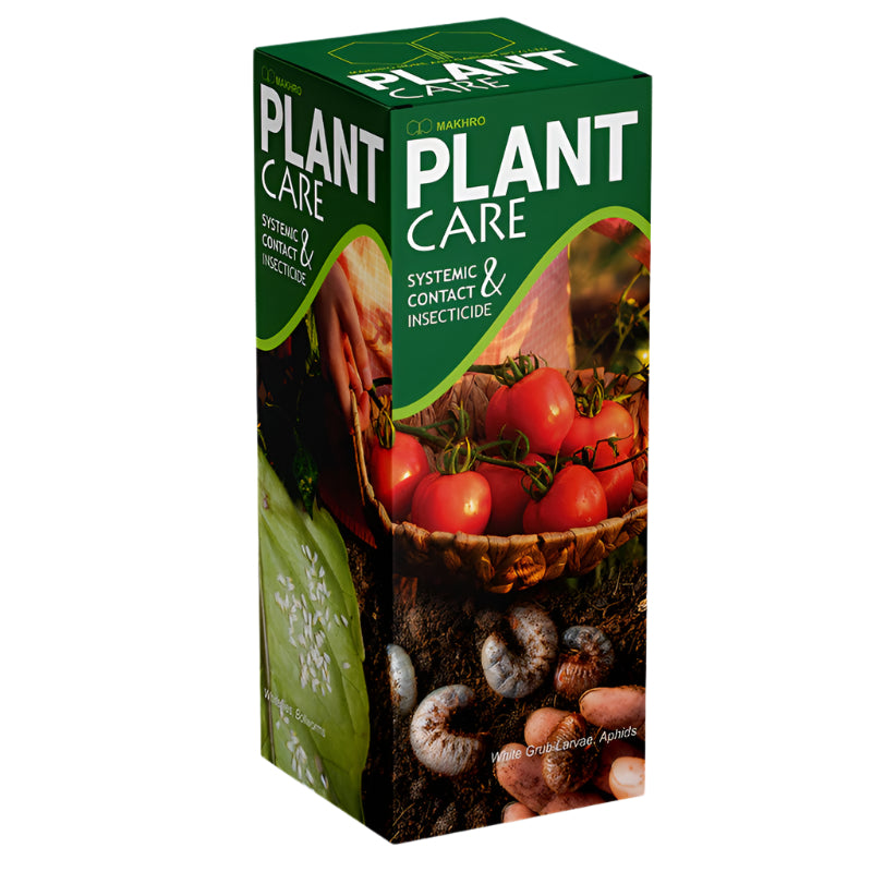 Box of Plant Care Systemic Contact Insecticide with images of tomatoes and pests on a white background