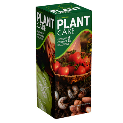 Box of Plant Care Systemic Contact Insecticide with images of tomatoes and pests on a white background