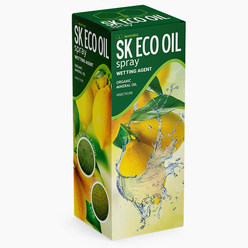 SK Eco Oil spray packaging with lemons and green leaves on a white background