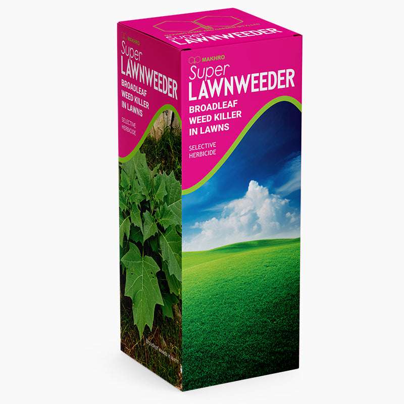 Super Lawnweeder box with green grass and blue sky design on a white background