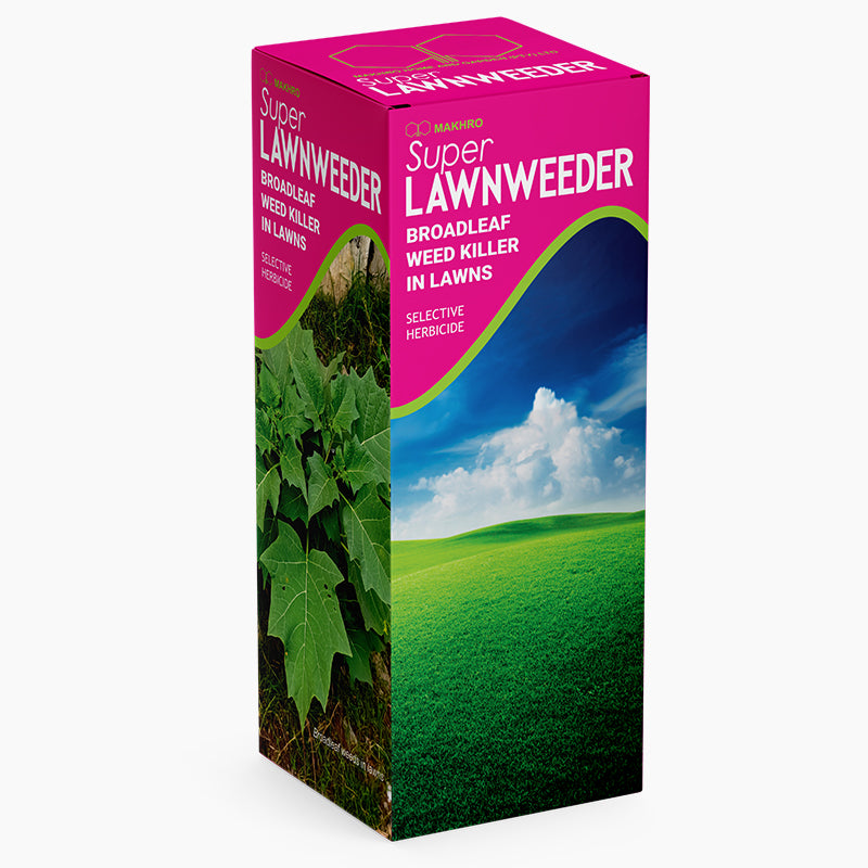 Super Lawnweeder box with green grass and blue sky design on a white background