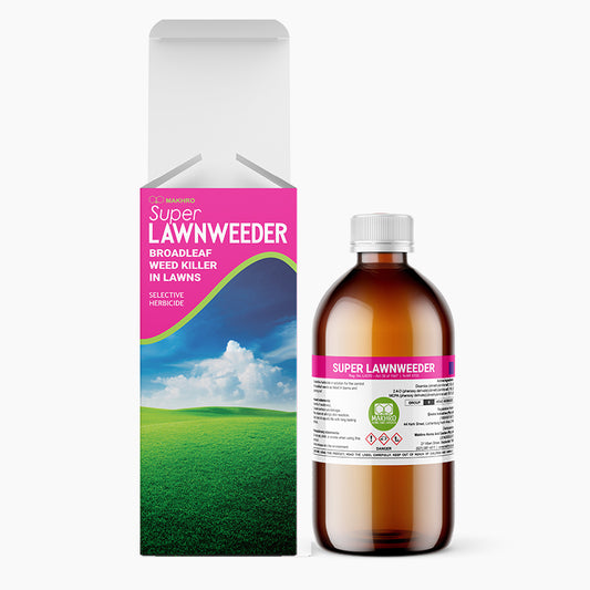Super Lawnweeder packaging and bottle on a white background